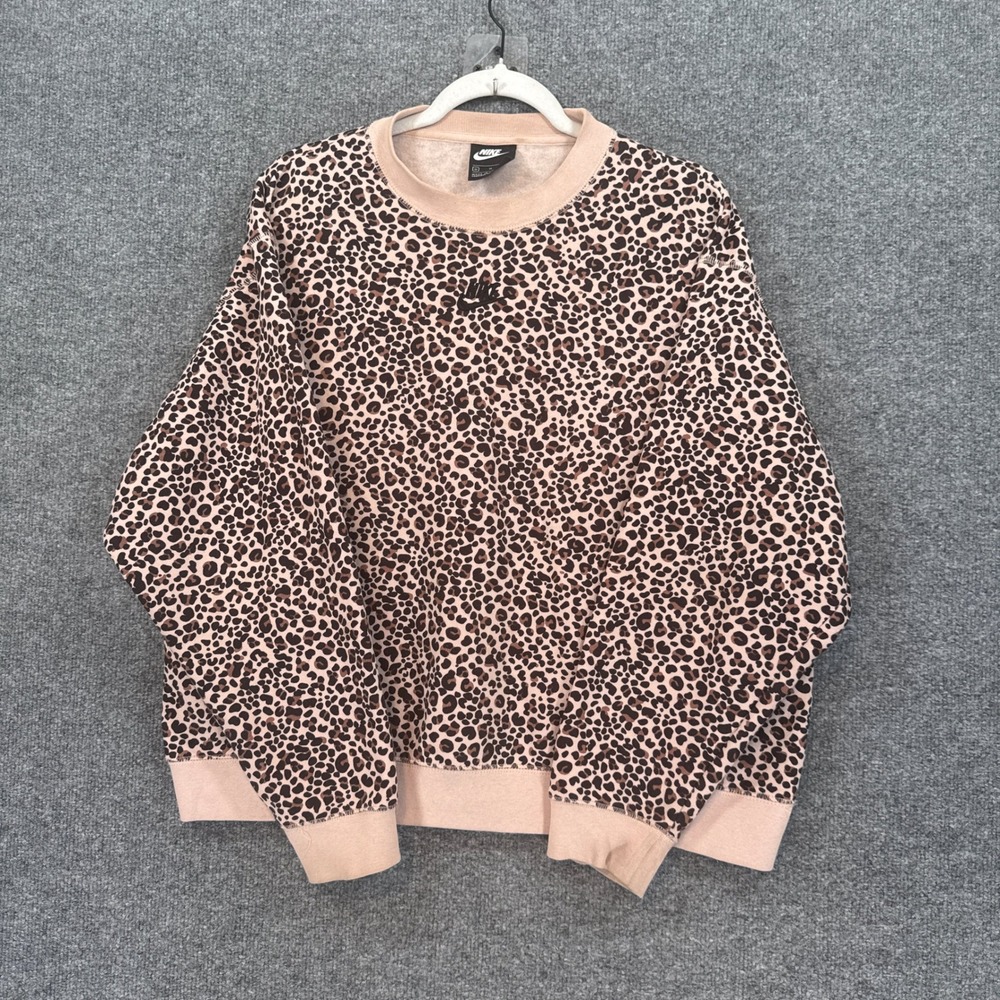 Nike Sweatshirt Women Medium Pink Leopard Print Fleece Crew Pullover Oversized